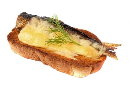 Sandwich with sprats and grilled cheese  On a white backgroundの写真素材