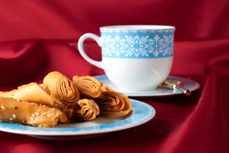 Puff pastry and a cup of teaの写真素材