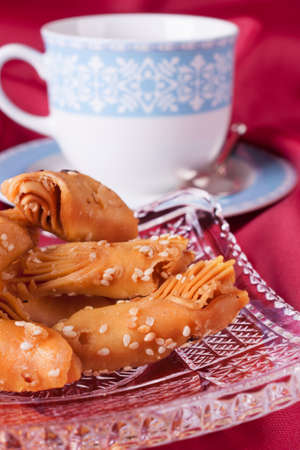 Puff pastry on a glass dish の写真素材
