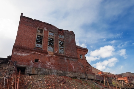 Completely destroyed a two-story brick buildingの写真素材