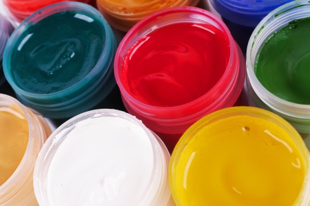 Jars with colored gouache  Closeup の写真素材