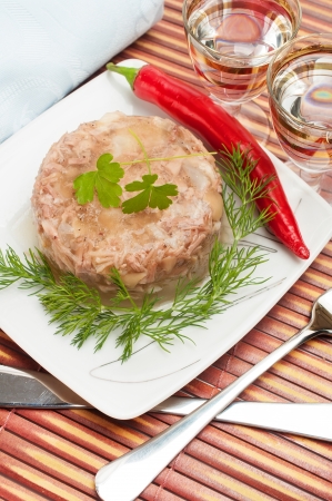 Traditional Russian food  Jellied chicken with a glass of vodka and red pepper の写真素材