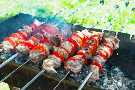 Pork kebab with tomatoes roasted on the grill 