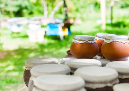 Clay pots of honey at the apiary の写真素材