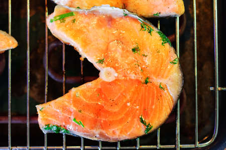 Trout steak fried on an electric grill の写真素材