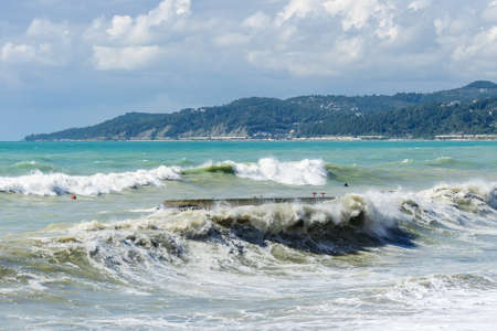 Storm waves on the sea shallows  Stormy weather の写真素材