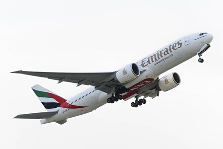 MOSCOW, RUSSIA - SEPTEMBER 26, 2014: Boeing 777-200 Emirates airlines take off at Domodedovo...