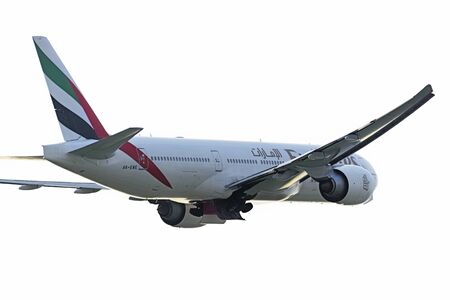 MOSCOW, RUSSIA - SEPTEMBER 26, 2014: Boeing 777-200 Emirates airlines take off at Domodedovo international airportのeditorial素材