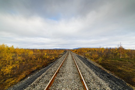 Railway track. Late autumn in the Arctic tundra. The northernmost railway in the world. Taimyr Peninsula near Norilsk.の写真素材