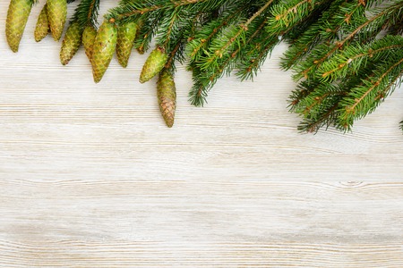 Christmas decorative background. Fur-tree branch with cones and Christmas balls on a blue wooden...