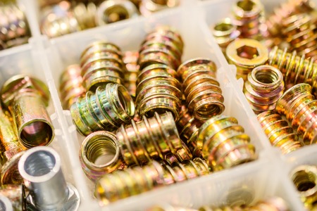 Many screws arranged as background. Metal fasteners, scattered in plastic cells.