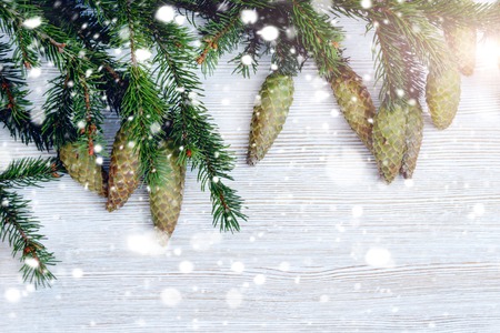 Christmas decorative background. Fur-tree branch with cones and Christmas balls on a blue wooden...