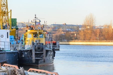 MOSCOW, RUSSIA - NOVEMBER 11, 2016: State Unitary Enterprise Mosvodostok River vessels are berthed...