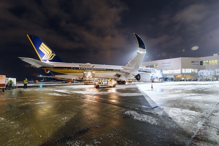Moscow region, Domodedovo, Russia - December 15, 2016: First visit passenger aircraft Airbus A350-900 9V-SMF Singapore Airlines to Domodedovo international airport.のeditorial素材