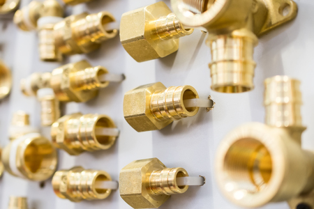 A variety of plumbing pipe connectors, corners, fittings, nipples.の写真素材