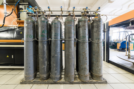 Rows of gray gas cylinders.の写真素材