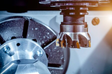 Modern CNC machine tool, face milling cutter close-up.の写真素材