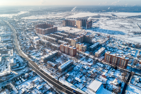 Aerial view of the modern city district. Winter, sunny dayの写真素材