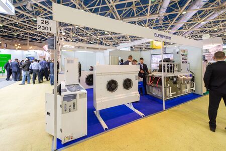 Moscow, Russia-March 5, 2019: International specialized exhibition CLIMATE WORLD 2019. Exhibition stand of one of the industrial companies.のeditorial素材