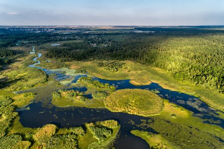 Beautiful aerial shot of a large forest lake.の写真素材