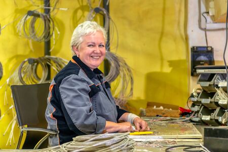 Small cable installation plant. Electric workshop workers knit a cable bundle. Workers do stripping and cutting wires.のeditorial素材