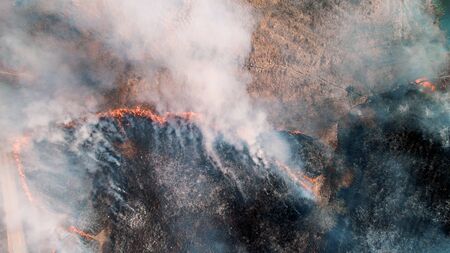 Strong fire in an empty field. Fire spreads in a united front, strong smoke from the burning place. View from above, vertically from top to bottomの写真素材