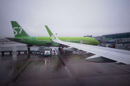 Domodedovo International Airport, the process of loading baggage on a S7 airlinesのeditorial素材