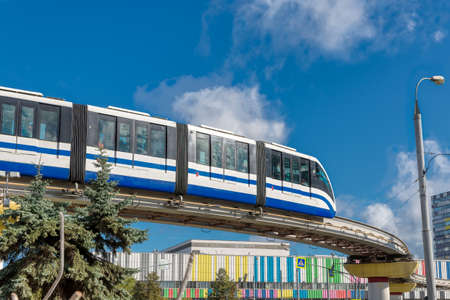 Moscow monorail. The train moves along a high rail.のeditorial素材