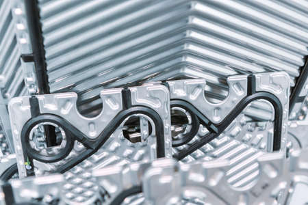 Plate heat exchanger. Fragment of equipment, closeup photoの写真素材