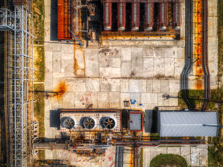 Large oil refinery aerial view. Lots of sophisticated technological equipment. Long and complex...