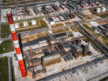 Large oil refinery aerial view. Lots of sophisticated technological equipment.