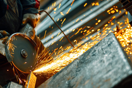 Cutting of rolled steel with a circular saw. A lot of bright sparks fly out from under the rotating...