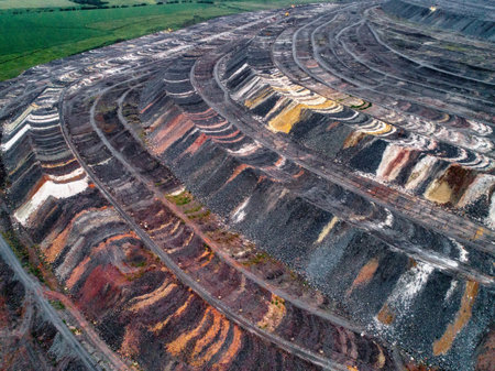 Huge mound of waste rocks. Industrial dump of a mining quarry. Overburden, multi-colored.