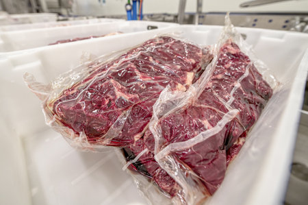 Large cuts of beef packed in a vacuum plastic bag.の写真素材