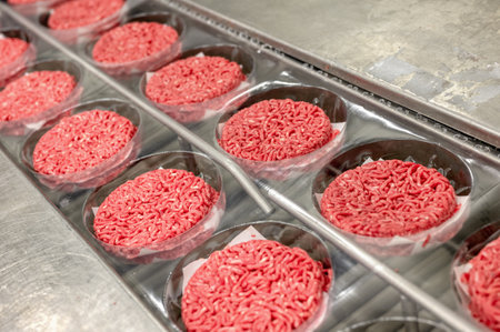 Ground beef on a conveyor belt.の写真素材