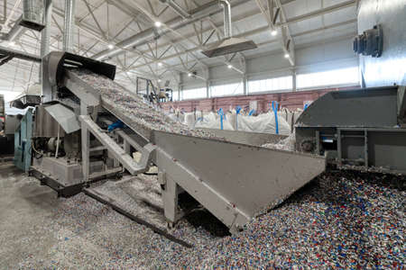 Plastic recycling plant. Conveyor with shredded plastic