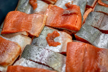 Many pieces of salmon and trout fillet, close-up photo.