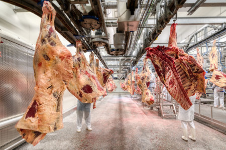 Chopped beef carcasses. Overhead conveyor for cow carcasses, meat productionの写真素材