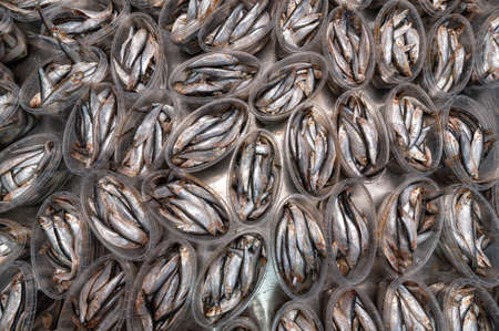 Lots of sprat jars. Canned fish. Seafood production