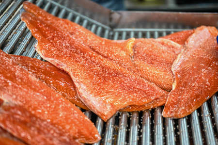 Many pieces of trout fillet are lying on a metal conveyor.の写真素材