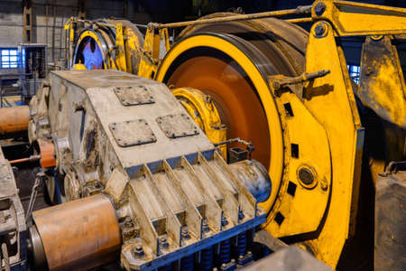 Huge shaft elevator machine. Modern equipment for lifting and lowering the cage shaft