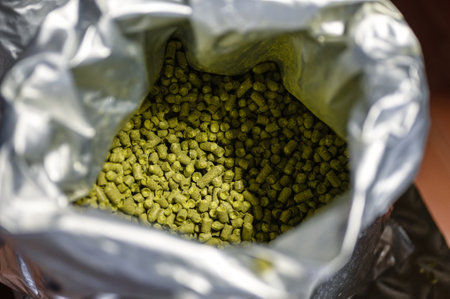 Hop pellets are in a plastic bag. Ingredient for brewingの写真素材