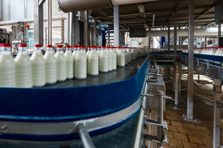 Plastic bottles filled with pasteurized milk on a factory conveyor.の写真素材