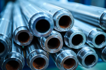 Pile of long drill rods metal workpieces in light warehouse