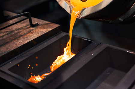 Molten silver is poured from a small ladle.の写真素材