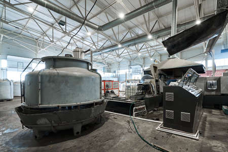 Plastic granulation line. Processing chopped PET plastic into granules. Recycling of materials