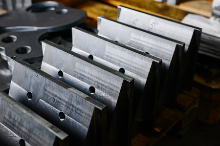 Processed metal plates with ground edges in warehouseの写真素材