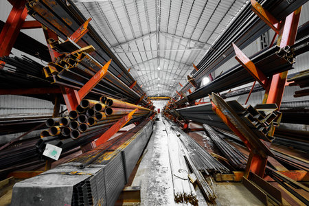 Aisle between racks with rolled metal products in store