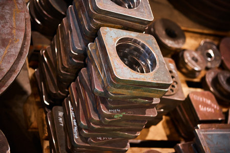 Different shape metal workpieces in production plant storage