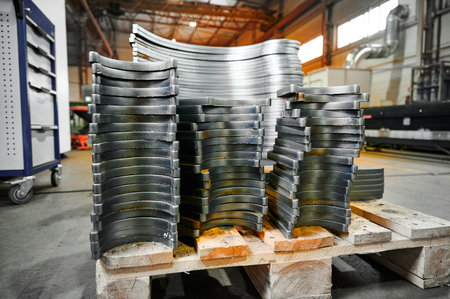 Cut metal details on wooden pallet in plant warehouse